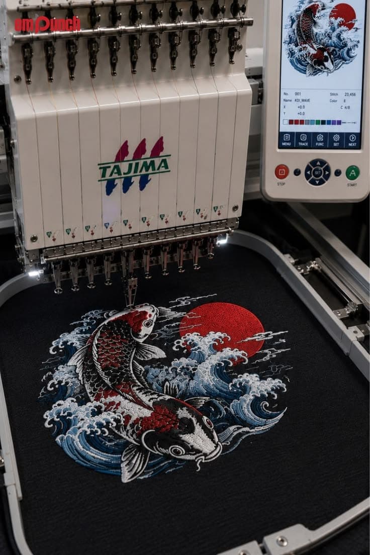 Industrial embroidery machine stitching the velora logo