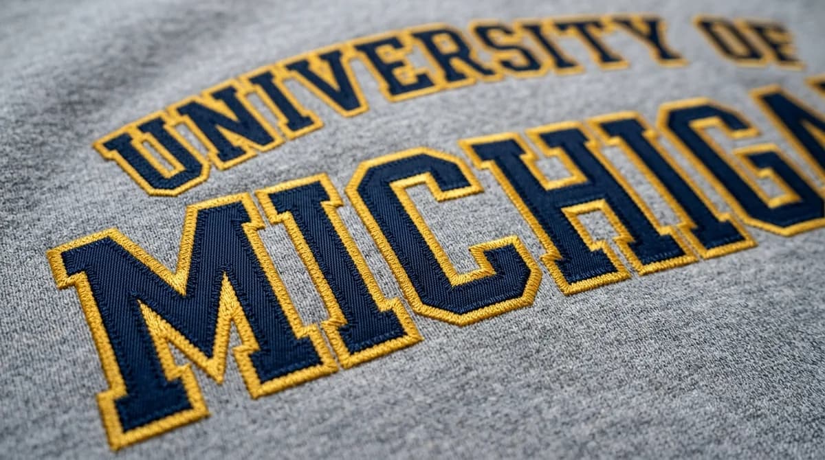 Collegiate varsity tackle twill applique embroidery digitized on a gray crewneck sweatshirt