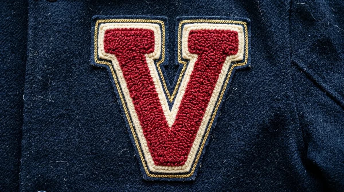 Custom chenille letterman patch with textured moss loop stitches on wool felt varsity jacket