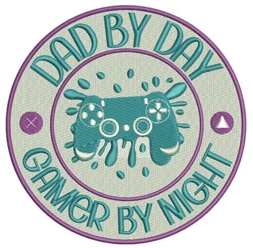 Dad By Day Gamer By Night embroidered patch design, size 4x4 inch