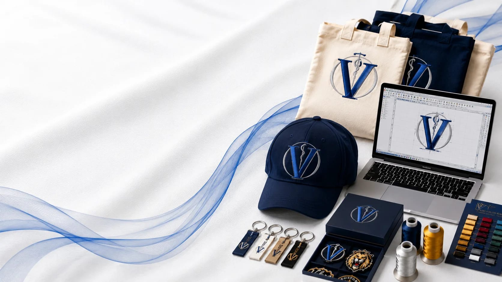 Collection of embroidered Velora products — tote bags, keychains, and thread spools