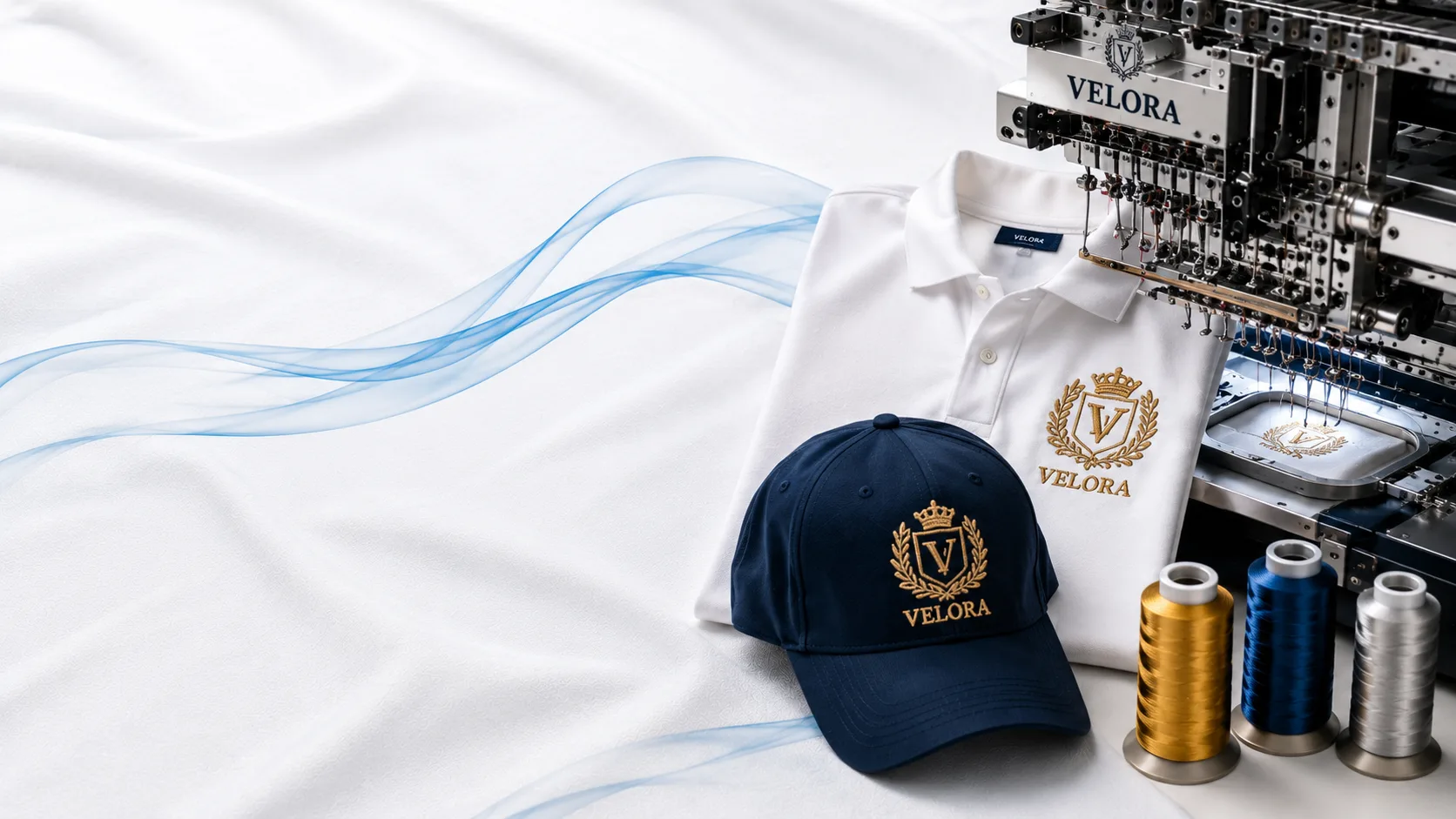 Velora embroidered polo shirt, cap, and multi-needle embroidery machine