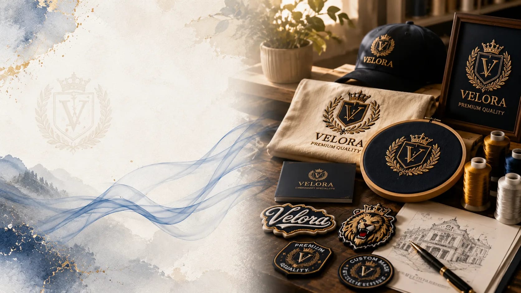 Curated display of Velora embroidered patches, cap, and apparel