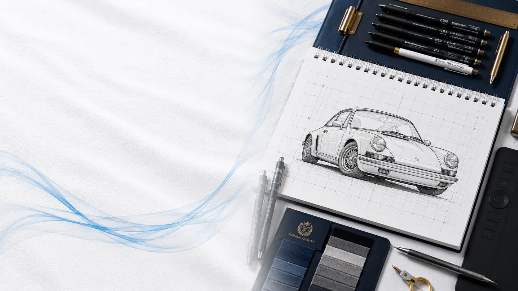 Design workspace with car sketch — vector art conversion in progress
