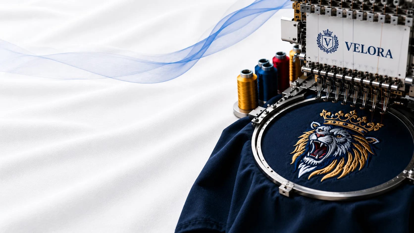 Velora multi-needle embroidery machine stitching a colorful lion-with-crown design