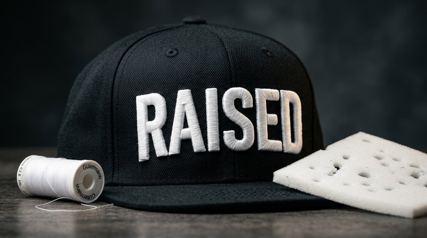 Black snapback cap with raised white 3D puff embroidered lettering next to embroidery foam and thread