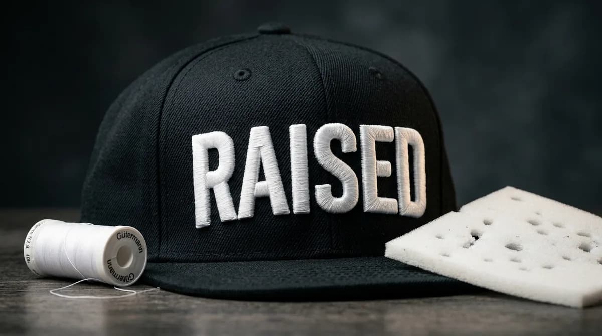 Black snapback cap with raised white 3D puff embroidered lettering next to embroidery foam and thread
