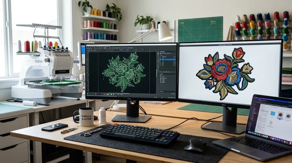 Open source embroidery software and digitizing workspace monitors with stitch simulation