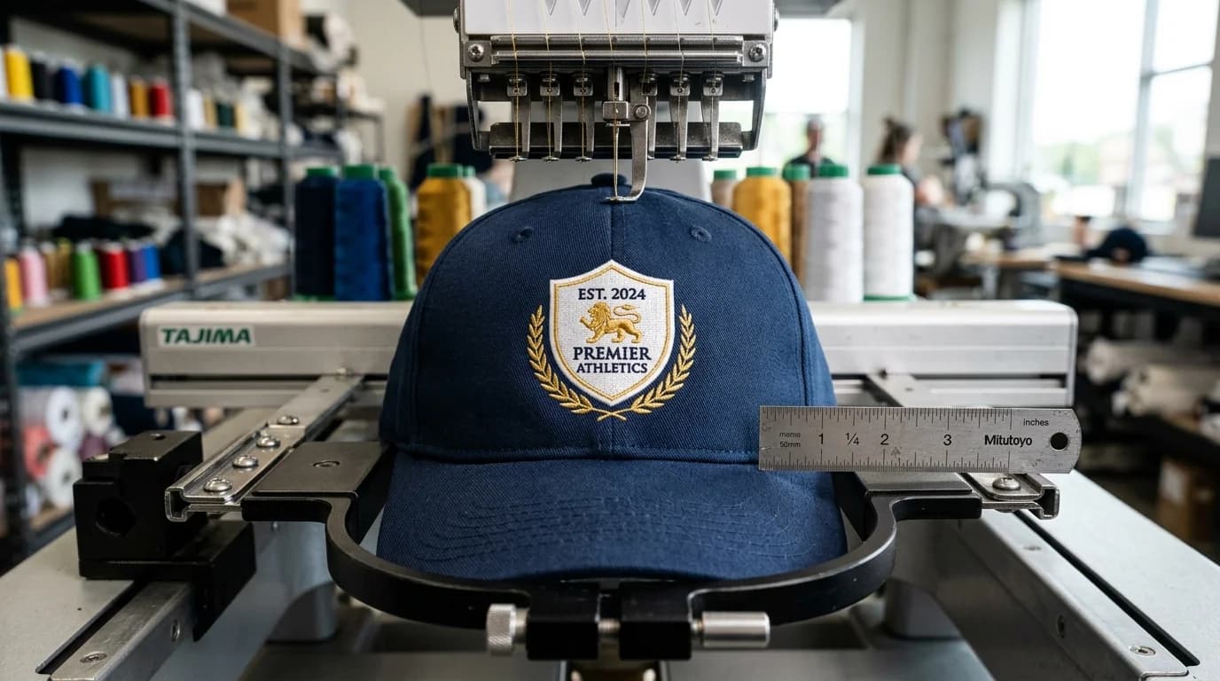 Structured baseball cap on an embroidery machine cap frame with a front logo sized to about 2.25 inches high