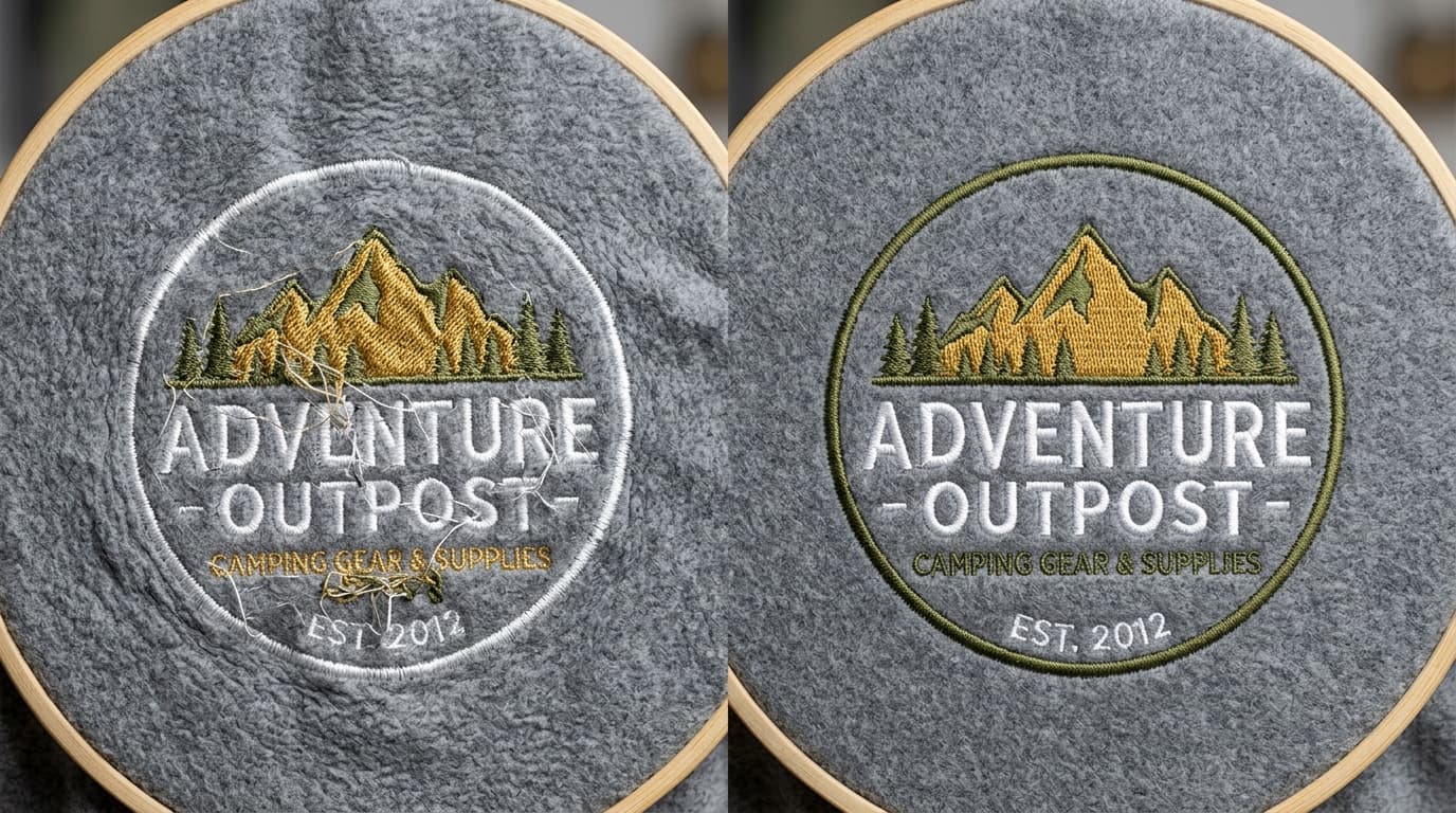 Comparison of a badly digitized puckered embroidery sew-out next to a clean, correctly digitized version of the same logo