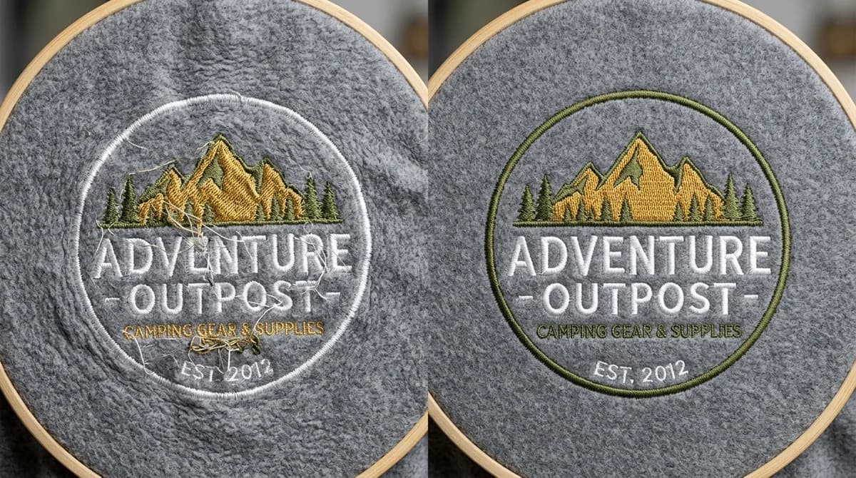 Comparison of a badly digitized puckered embroidery sew-out next to a clean, correctly digitized version of the same logo