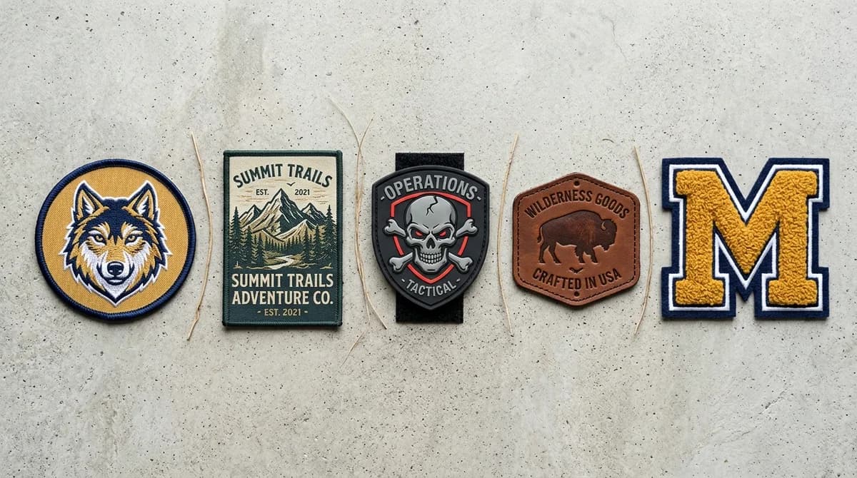 Showcase of five custom patch types: embroidered, woven, 3D PVC tactical, leather, and chenille varsity