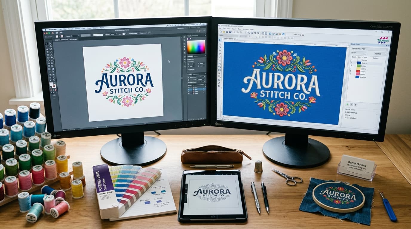 Adobe Illustrator logo vector art being prepared for embroidery stitch conversion