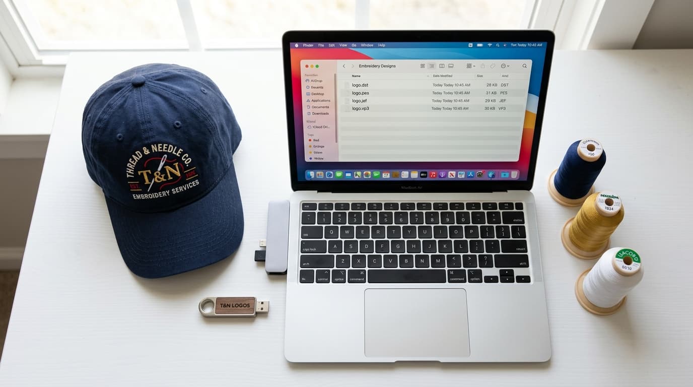 Laptop showing DST, PES and JEF embroidery files next to a USB stick, thread spools and an embroidered cap