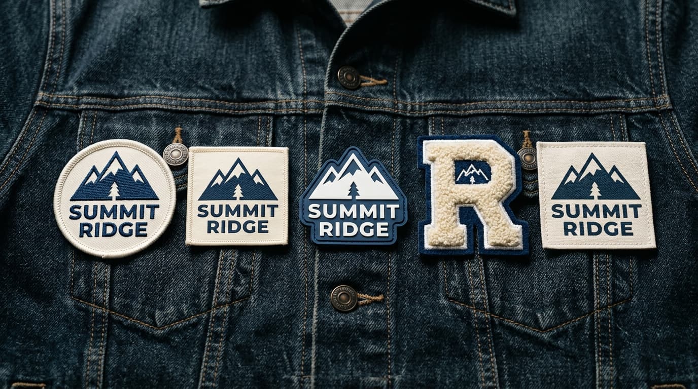 Embroidered, woven, PVC, chenille and printed versions of the same logo patch laid on a denim jacket