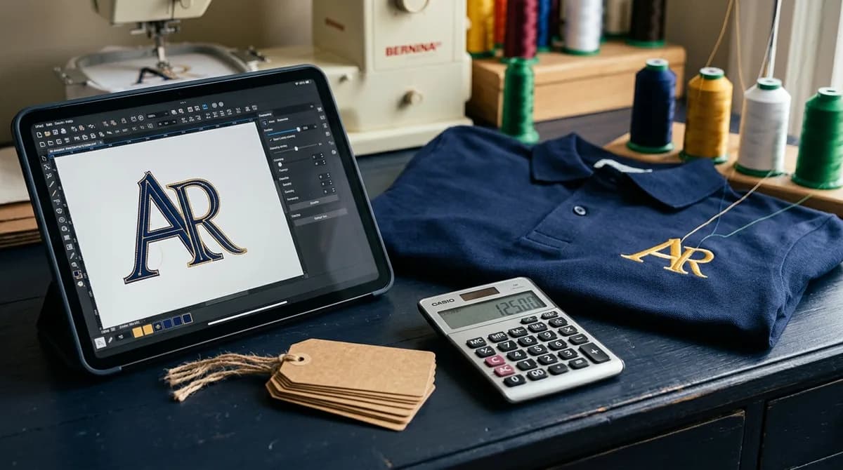Embroidery digitizing software on a tablet beside a calculator, price tags and an embroidered navy polo shirt