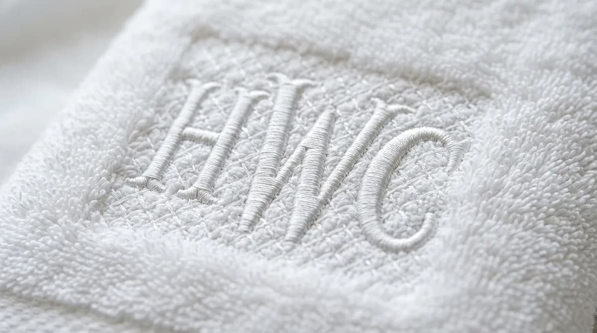 Monogram embroidery on plush white bath towel with knockdown stitch underlay