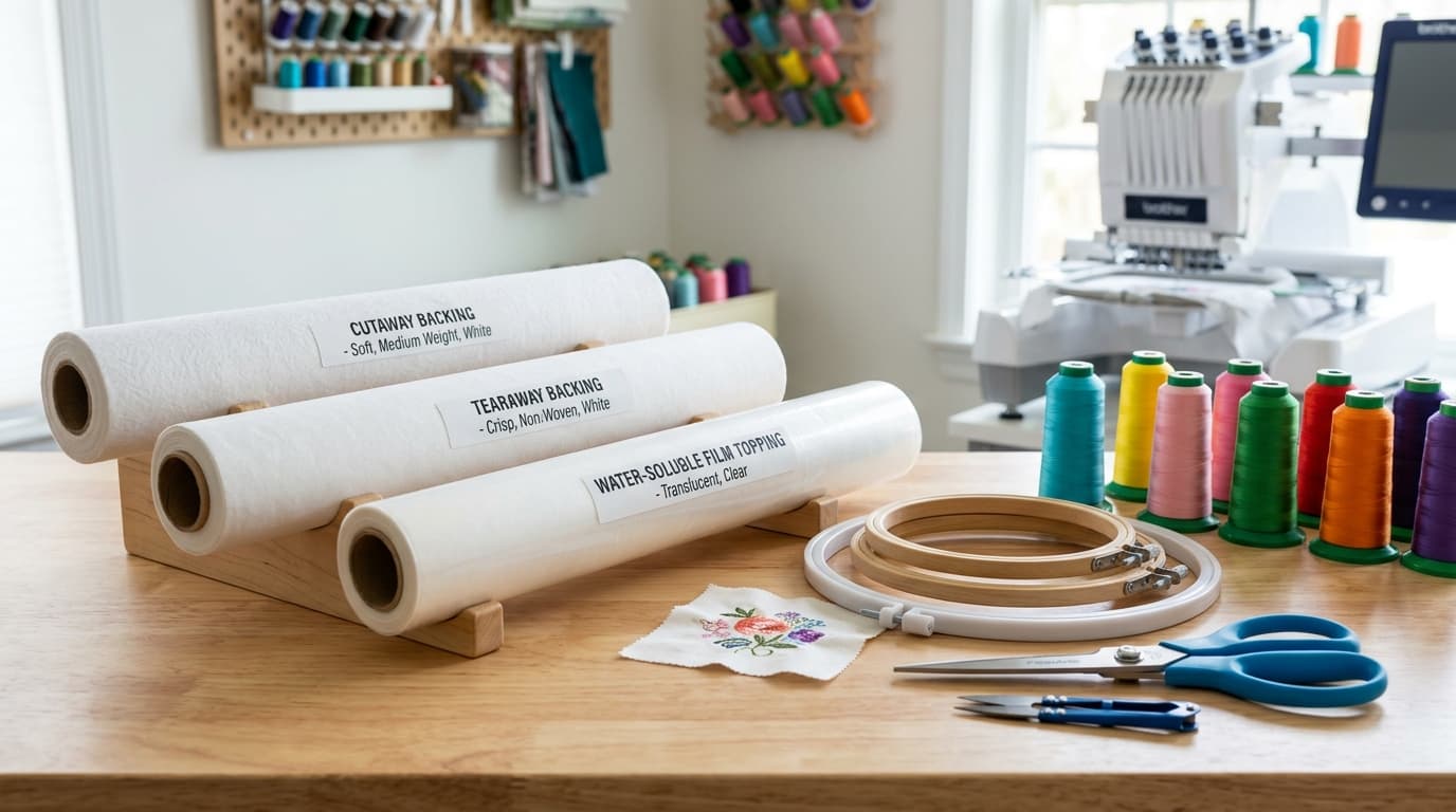 Cutaway, tearaway, and water-soluble embroidery stabilizers arranged on a workshop table