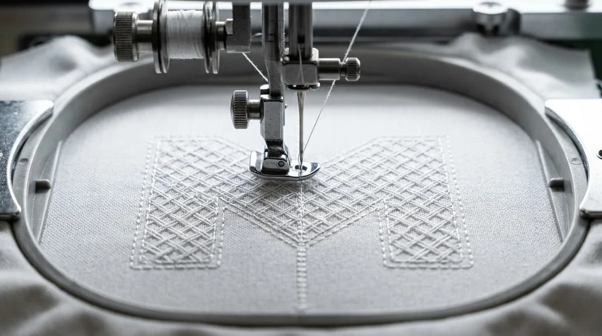 Embroidery underlay stitching patterns showing center run, edge walk, and tatami lattice on fabric
