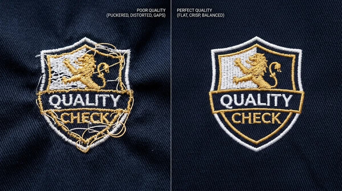 Side-by-side comparison of puckered embroidery with tension errors versus clean, flat embroidery with perfect digitizing