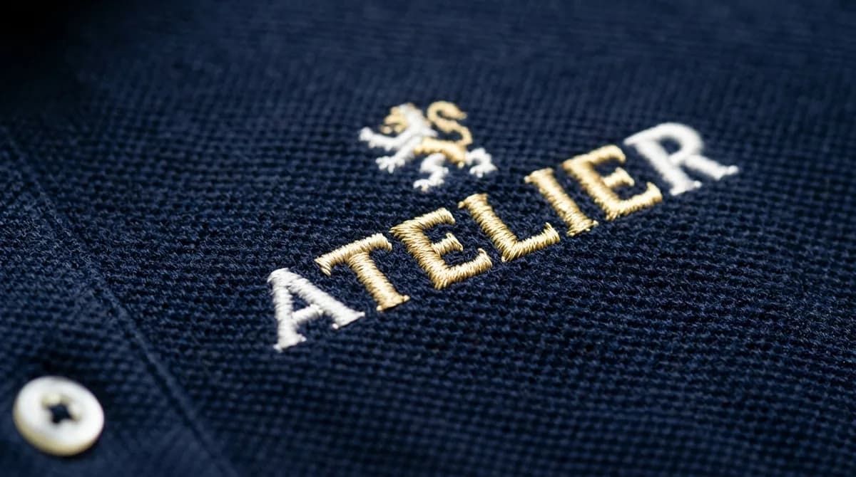 Microscopic small text embroidery digitizing sample on navy polo fabric