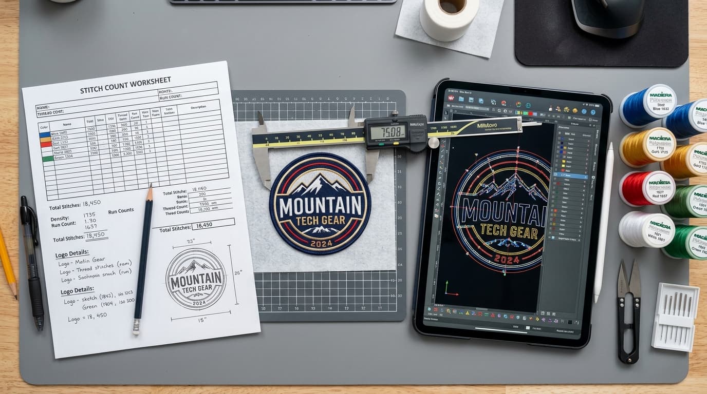 Estimating embroidery stitch count on a workbench with digital calipers and calculation worksheet