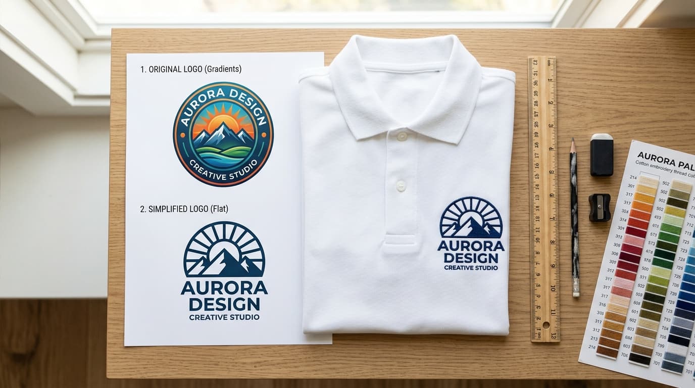Logo shown as original artwork, simplified flat version and finished embroidery on a polo shirt, with a ruler and thread chart
