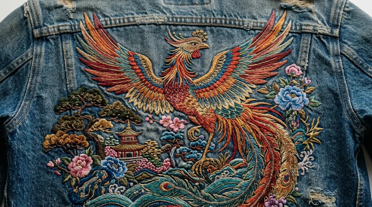 Large detailed embroidered phoenix design on the back of a vintage denim jacket