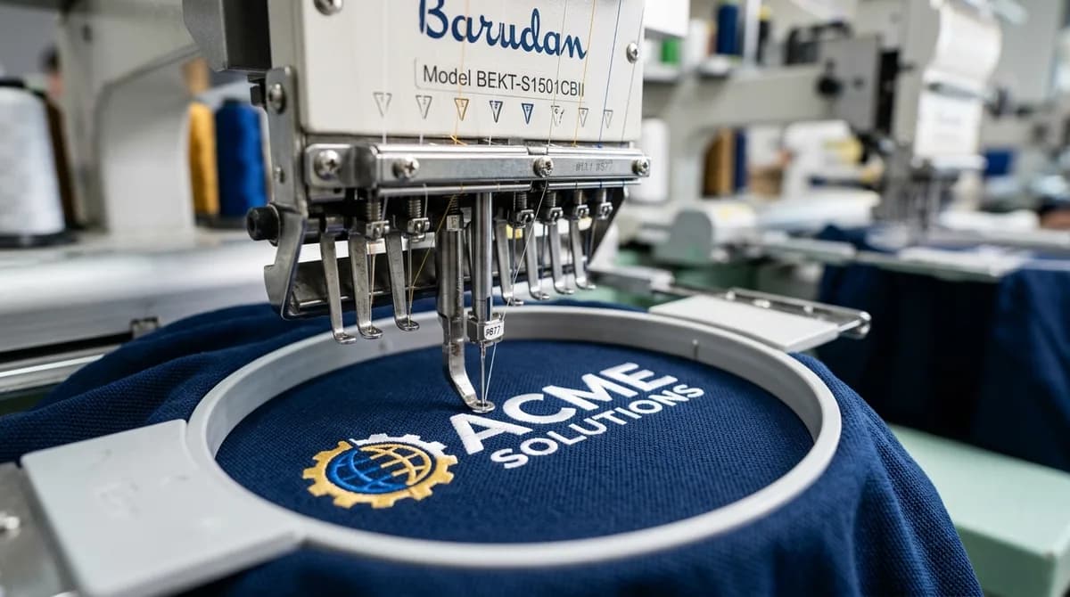 Crisp corporate left chest logo embroidery digitized on a navy polo shirt