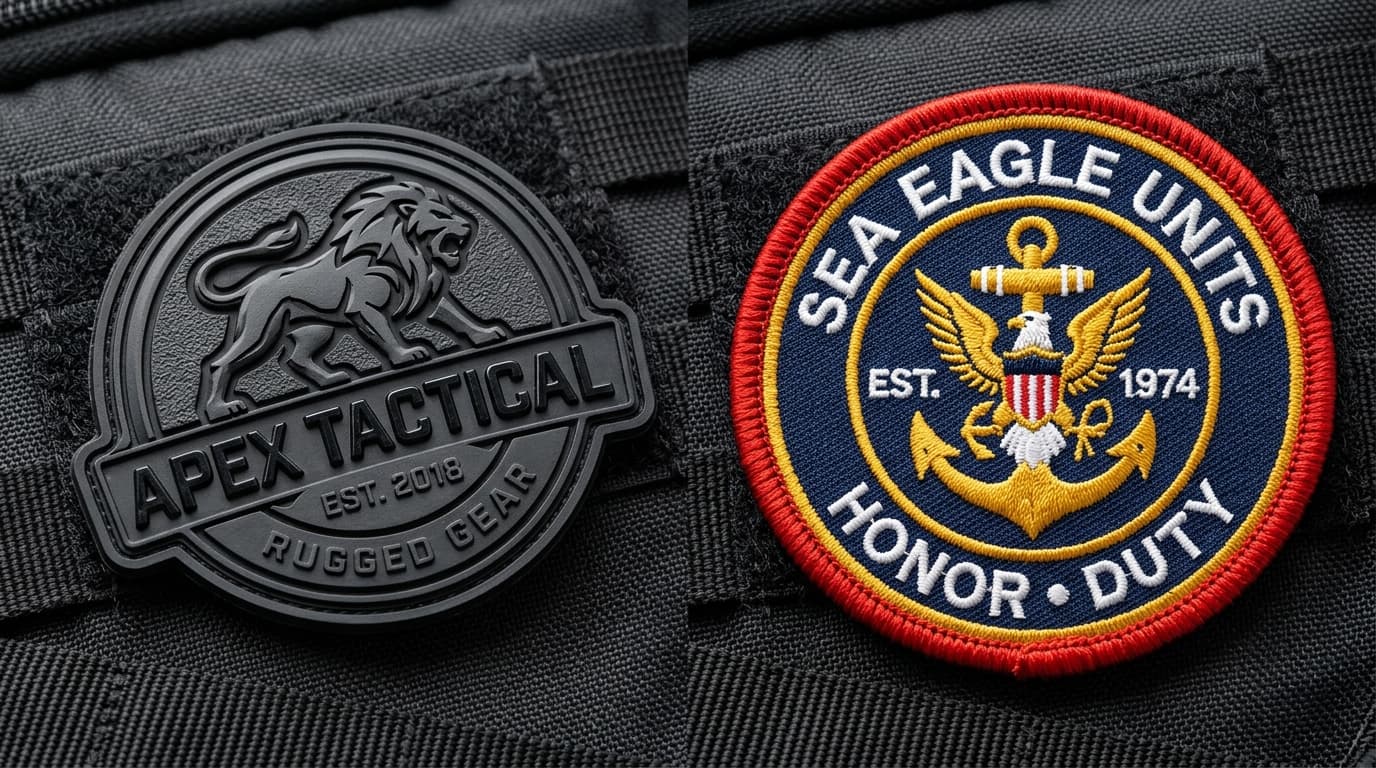 Custom PVC rubber patch compared side by side with traditional embroidered fabric patch