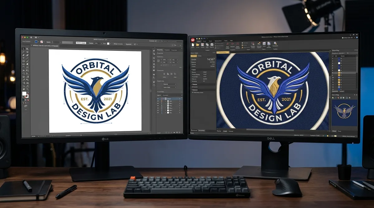 Comparison of Adobe Illustrator vector art paths and Wilcom embroidery digitizing stitch simulation