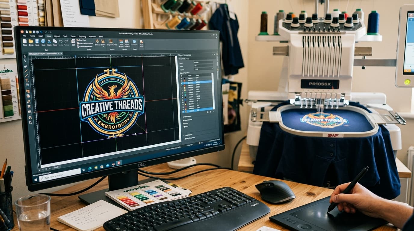 Embroidery digitizing software on a monitor with a multi-needle embroidery machine stitching the same logo in the background