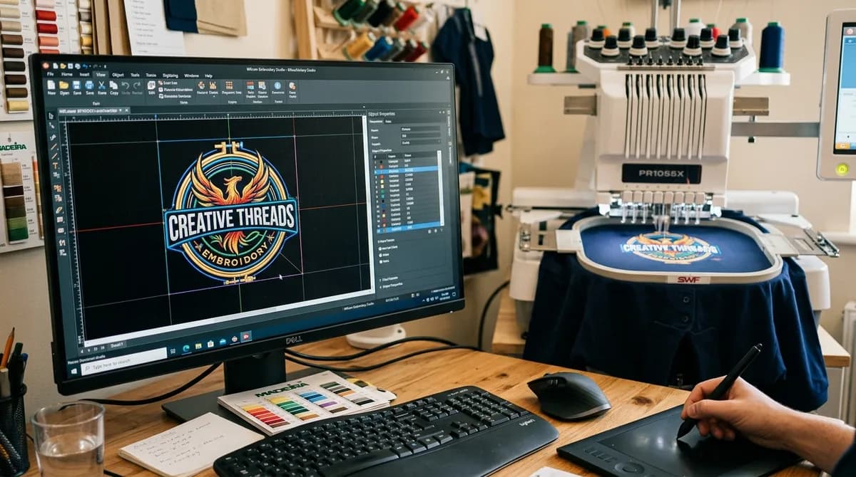 Embroidery digitizing software on a monitor with a multi-needle embroidery machine stitching the same logo in the background